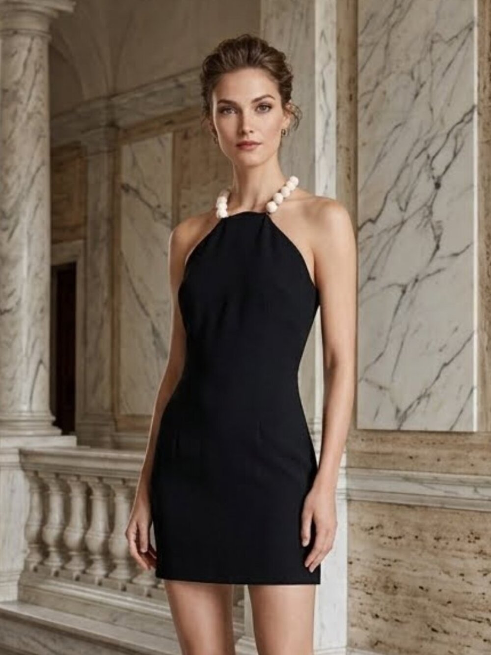 Moschino Italian Pearl Large IVOR Bead Necklace Black Halter Dress IT40 US 6 LBD